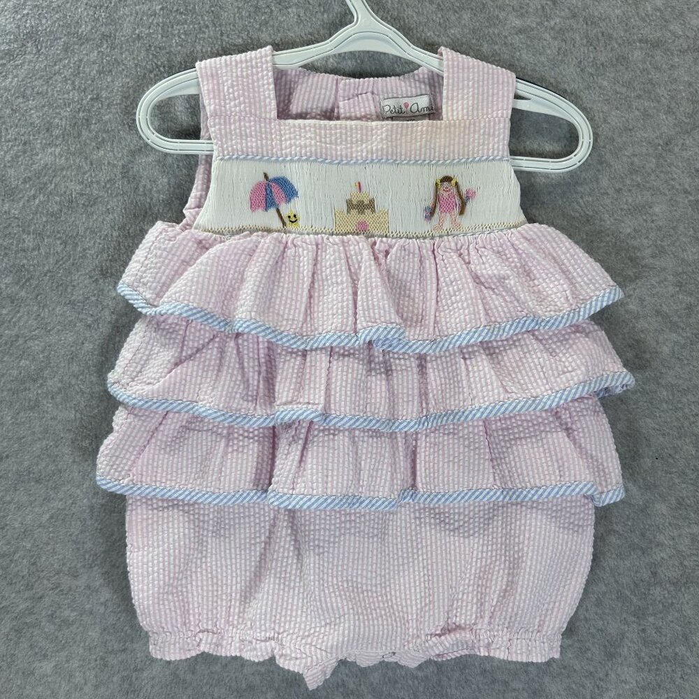 Petit Ami Baby Girls 9M Pink Seersucker Romper Bubble Smocked Beach  Ruffles